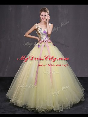 Superior Light Yellow Tulle Lace Up Sweet 16 Quinceanera Dress Sleeveless Floor Length Appliques and Belt