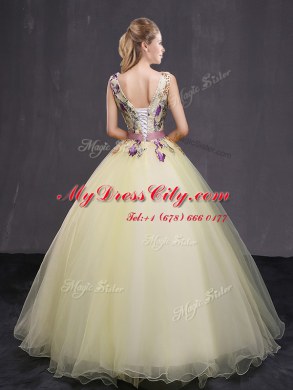 Superior Light Yellow Tulle Lace Up Sweet 16 Quinceanera Dress Sleeveless Floor Length Appliques and Belt