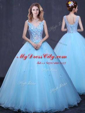 Enchanting Light Blue Tulle Lace Up V-neck Sleeveless Floor Length Quinceanera Gowns Lace and Appliques