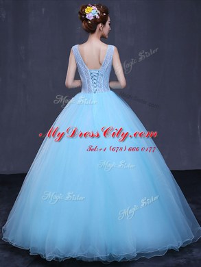 Enchanting Light Blue Tulle Lace Up V-neck Sleeveless Floor Length Quinceanera Gowns Lace and Appliques