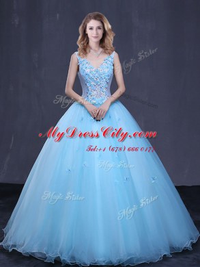 Enchanting Light Blue Tulle Lace Up V-neck Sleeveless Floor Length Quinceanera Gowns Lace and Appliques