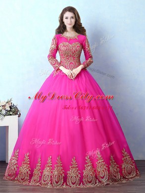 Delicate Scoop Fuchsia Long Sleeves Appliques Floor Length Quinceanera Gowns