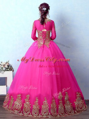 Delicate Scoop Fuchsia Long Sleeves Appliques Floor Length Quinceanera Gowns