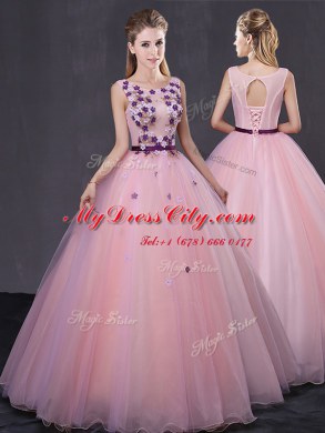 Dynamic Scoop Tulle Sleeveless Floor Length Sweet 16 Dress and Appliques