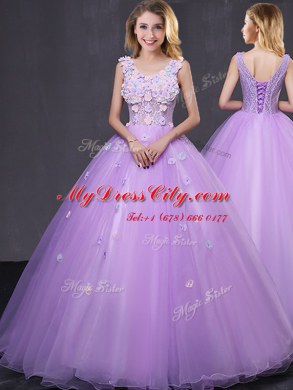 Lavender Ball Gowns V-neck Sleeveless Tulle Floor Length Lace Up Lace and Appliques 15th Birthday Dress