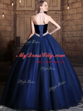 Halter Top Navy Blue Sleeveless Beading Floor Length Quinceanera Gowns