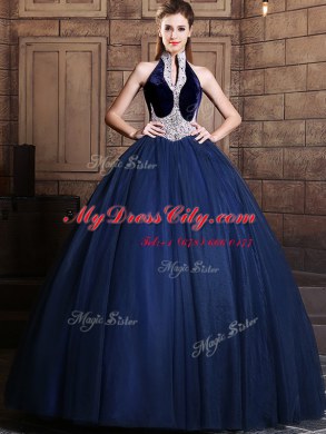 Halter Top Navy Blue Sleeveless Beading Floor Length Quinceanera Gowns