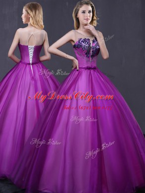 Scoop Floor Length Ball Gowns Sleeveless Purple Quinceanera Gown Lace Up