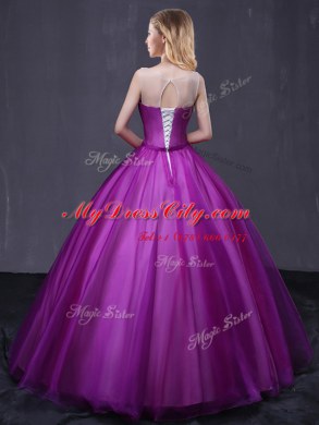 Scoop Floor Length Ball Gowns Sleeveless Purple Quinceanera Gown Lace Up
