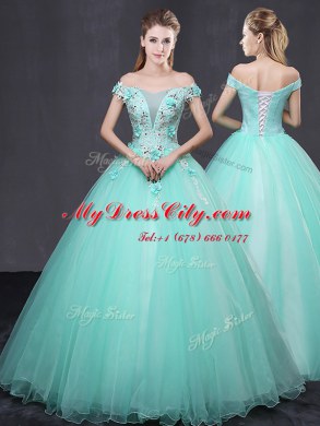 Super Apple Green Ball Gowns Tulle Off The Shoulder Sleeveless Appliques Floor Length Lace Up Quinceanera Dress