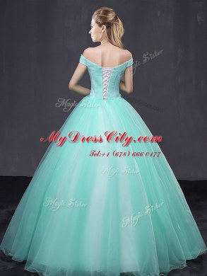 Super Apple Green Ball Gowns Tulle Off The Shoulder Sleeveless Appliques Floor Length Lace Up Quinceanera Dress