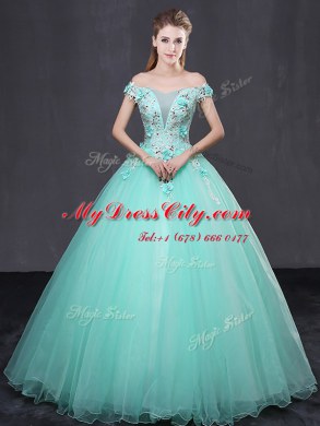 Super Apple Green Ball Gowns Tulle Off The Shoulder Sleeveless Appliques Floor Length Lace Up Quinceanera Dress