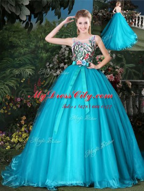 Great Teal Scoop Neckline Appliques and Belt 15 Quinceanera Dress Sleeveless Zipper