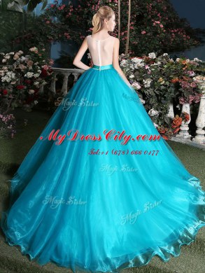 Great Teal Scoop Neckline Appliques and Belt 15 Quinceanera Dress Sleeveless Zipper