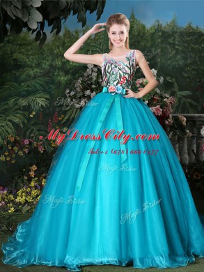 Great Teal Scoop Neckline Appliques and Belt 15 Quinceanera Dress Sleeveless Zipper