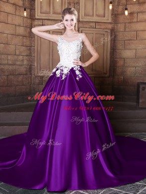 Decent Purple Scoop Neckline Lace and Appliques Sweet 16 Dresses Sleeveless Lace Up