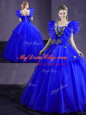 Sweetheart Sleeveless Organza Quince Ball Gowns Appliques and Ruffles Lace Up