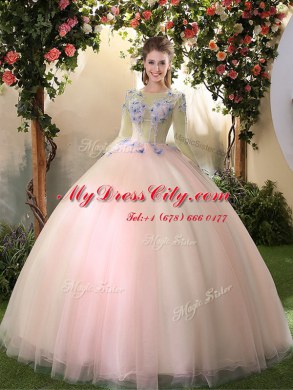 Ball Gowns Sweet 16 Dresses Peach Scoop Tulle Long Sleeves Floor Length Lace Up