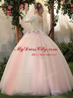 Ball Gowns Sweet 16 Dresses Peach Scoop Tulle Long Sleeves Floor Length Lace Up