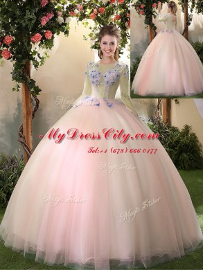 Ball Gowns Sweet 16 Dresses Peach Scoop Tulle Long Sleeves Floor Length Lace Up