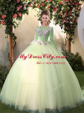 Floor Length Light Yellow Ball Gown Prom Dress Scoop Long Sleeves Lace Up