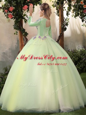 Floor Length Light Yellow Ball Gown Prom Dress Scoop Long Sleeves Lace Up