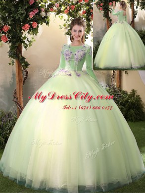 Floor Length Light Yellow Ball Gown Prom Dress Scoop Long Sleeves Lace Up