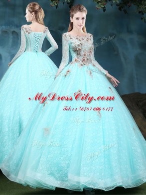 Modest Scoop Lace Apple Green Long Sleeves Appliques Floor Length Sweet 16 Quinceanera Dress