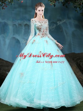 Modest Scoop Lace Apple Green Long Sleeves Appliques Floor Length Sweet 16 Quinceanera Dress