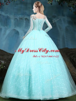 Modest Scoop Lace Apple Green Long Sleeves Appliques Floor Length Sweet 16 Quinceanera Dress