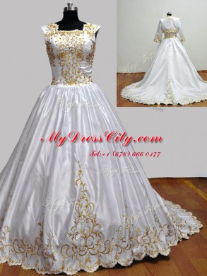 White Taffeta Zipper Square Sleeveless With Train Quinceanera Gowns Brush Train Embroidery