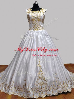 White Taffeta Zipper Square Sleeveless With Train Quinceanera Gowns Brush Train Embroidery
