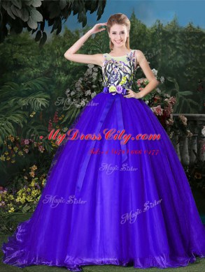 Scoop Sleeveless Organza Brush Train Zipper 15th Birthday Dress in Blue with Appliques and Belt