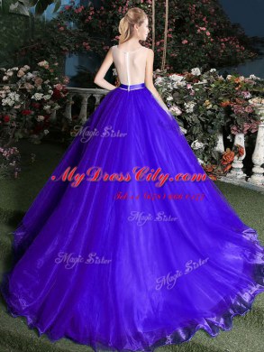 Scoop Sleeveless Organza Brush Train Zipper 15th Birthday Dress in Blue with Appliques and Belt