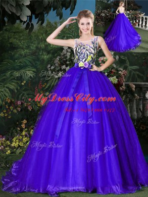 Scoop Sleeveless Organza Brush Train Zipper 15th Birthday Dress in Blue with Appliques and Belt