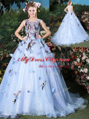 Scoop Sleeveless Brush Train Lace Up Floor Length Appliques Ball Gown Prom Dress