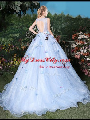 Scoop Sleeveless Brush Train Lace Up Floor Length Appliques Ball Gown Prom Dress