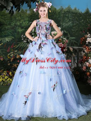 Scoop Sleeveless Brush Train Lace Up Floor Length Appliques Ball Gown Prom Dress