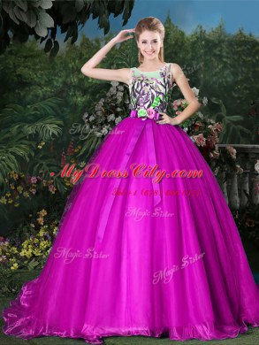 Fancy Scoop Fuchsia Organza Zipper Sweet 16 Quinceanera Dress Sleeveless Brush Train Appliques and Belt