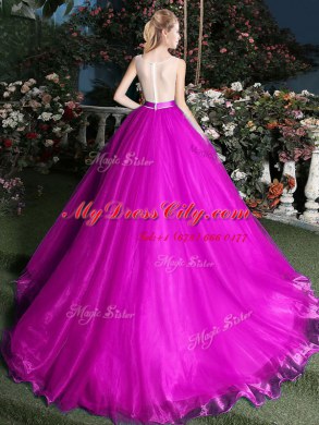 Fancy Scoop Fuchsia Organza Zipper Sweet 16 Quinceanera Dress Sleeveless Brush Train Appliques and Belt