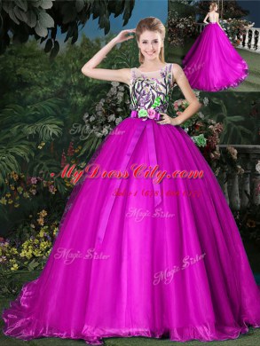 Fancy Scoop Fuchsia Organza Zipper Sweet 16 Quinceanera Dress Sleeveless Brush Train Appliques and Belt