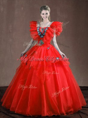 Best Selling Red Sleeveless Appliques and Ruffles Floor Length Quinceanera Gown