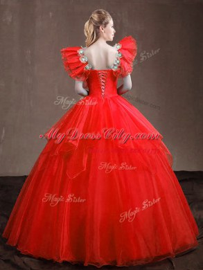 Best Selling Red Sleeveless Appliques and Ruffles Floor Length Quinceanera Gown
