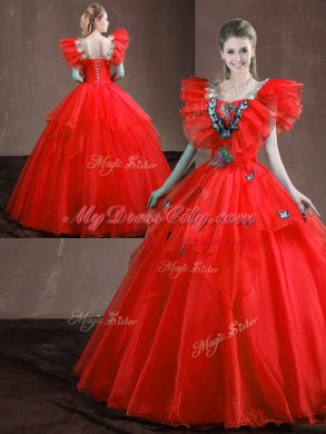 Best Selling Red Sleeveless Appliques and Ruffles Floor Length Quinceanera Gown