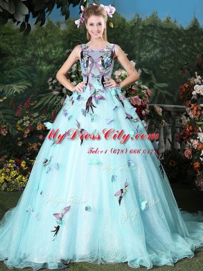 Stunning Scoop Light Blue Organza Lace Up Sweet 16 Dress Sleeveless Brush Train Appliques