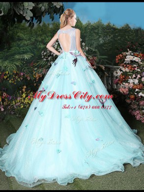 Stunning Scoop Light Blue Organza Lace Up Sweet 16 Dress Sleeveless Brush Train Appliques