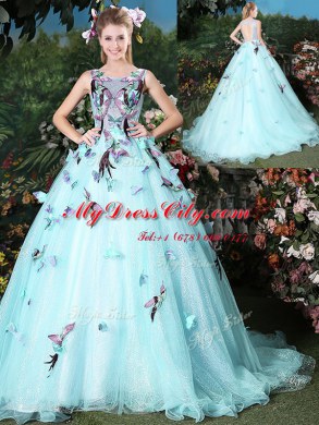 Stunning Scoop Light Blue Organza Lace Up Sweet 16 Dress Sleeveless Brush Train Appliques
