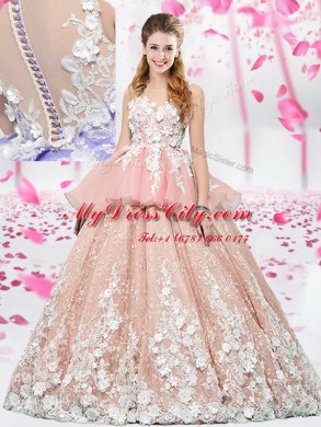 Fantastic Scoop Pink Organza and Tulle Lace Up Quinceanera Dress Sleeveless Floor Length Lace and Appliques