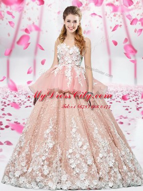 Fantastic Scoop Pink Organza and Tulle Lace Up Quinceanera Dress Sleeveless Floor Length Lace and Appliques