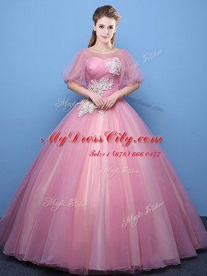 Great Scoop Pink Lace Up Ball Gown Prom Dress Appliques Half Sleeves Floor Length